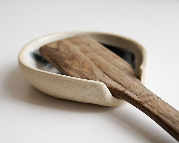 Handmade ceramic spoon rest with wooden spoon. Several options to choose  from-Life is short…lick the spoon(black or white) and stirring…